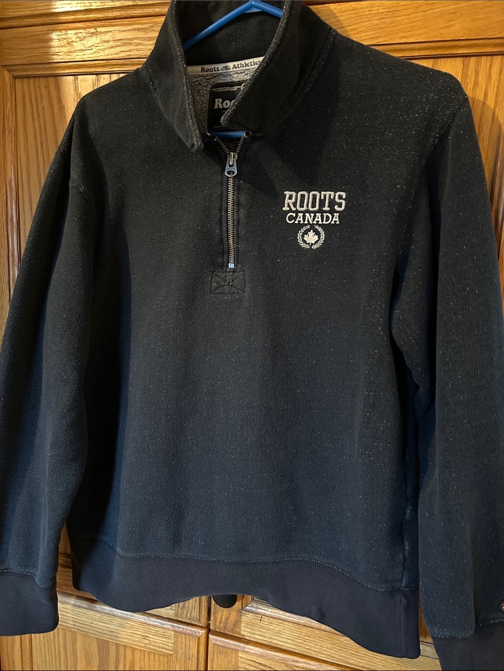 Roots Men's Black Quarter-Zip Sweatshirt with White Embroidered Logo